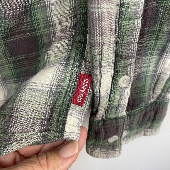 Gramicci Flannel Shirt Men M Purple Green Plaid Grunge Outdoor School Work FLAW - Picture 8 of 13